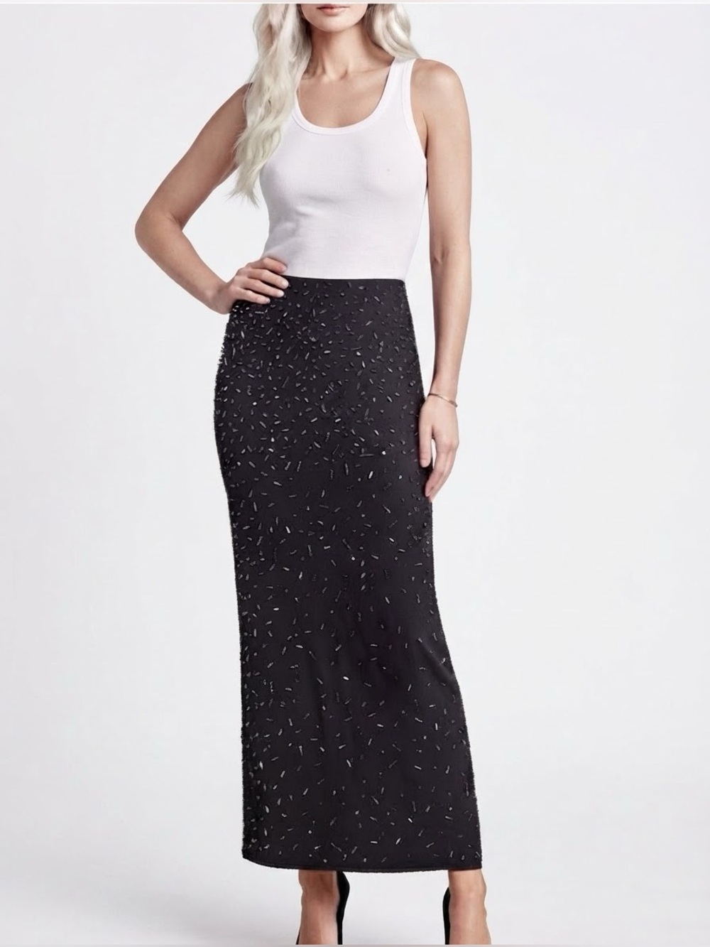 David Meister elegant sexy long black beaded skirt.